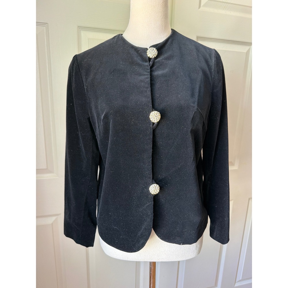 Vintage Junior House Black Velvet Jacket Size Small Rhinestone Button Glam